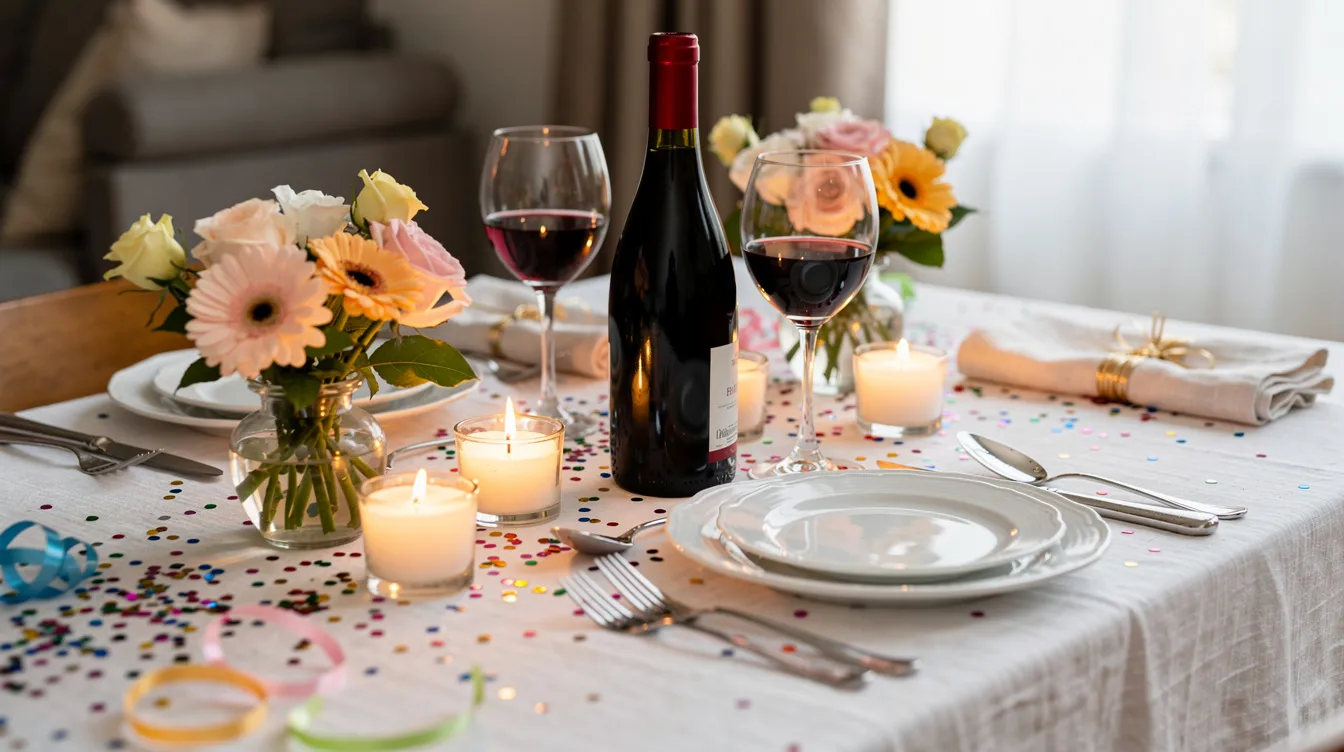 Ein festlich gedeckter Geburtstagstisch zeigt eine geöffnete Flasche Rotwein, zwei gefüllte Gläser und brennende Kerzen, umgeben von kleinen Blumenarrangements. Dieser stilvolle Tisch lädt Weinliebhaber und Freunde ein, gemeinsam zu feiern und Freude zu teilen.