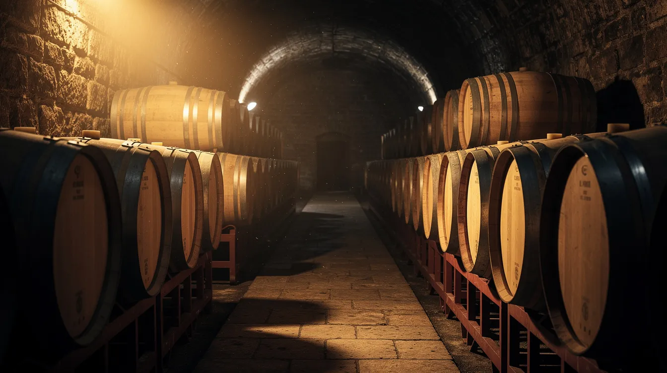 In einem dunklen Weinkeller stehen Reihen von Eichenfässern, deren warme Beleuchtung seitlich auf die Holzoberflächen fällt. Diese Fässer sind entscheidend für die Reifung von Rotweinen wie Pinot Noir und Cabernet Sauvignon, wobei sie Tannine und Gerbstoffe freisetzen, die den Geschmack und die Struktur des Weins beeinflussen.