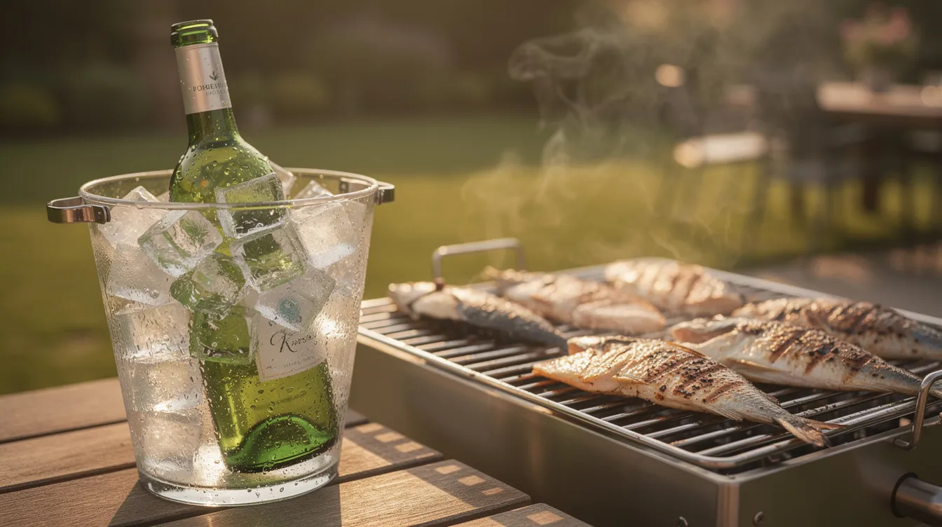 Eine elegante Weißweinflasche steht in einem Eiskübel neben einem Grill, auf dem köstliche Fischfilets zubereitet werden. Diese Szene ist perfekt für einen Grillabend im Garten, wo Wein und Grillgut harmonisch zusammenkommen.