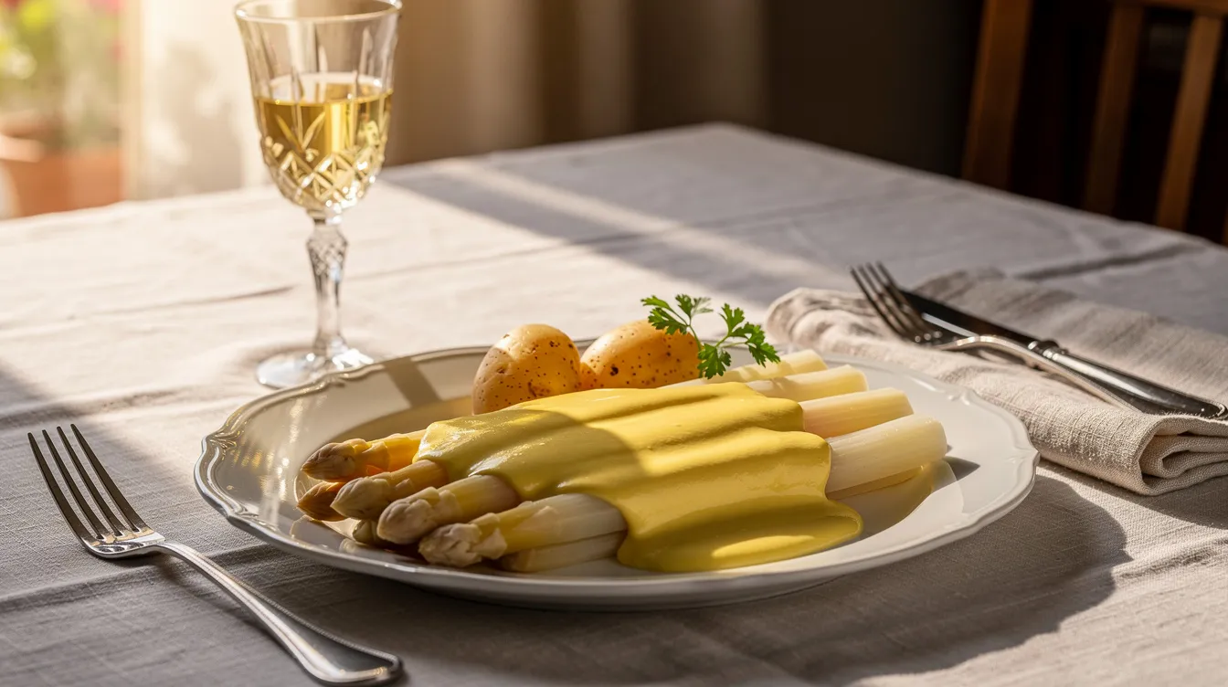 Der Spargelteller zeigt zarte, grüne Spargelstangen, die mit einer cremigen Sauce Hollandaise überzogen sind, und ein Glas Weißwein steht daneben auf einem schön gedeckten Tisch, der im warmen Sonnenlicht strahlt. Diese ansprechende Kombination aus Spargel und Wein, wie einem Grünen Veltliner, verspricht einen genussvollen Moment während der Spargelsaison.