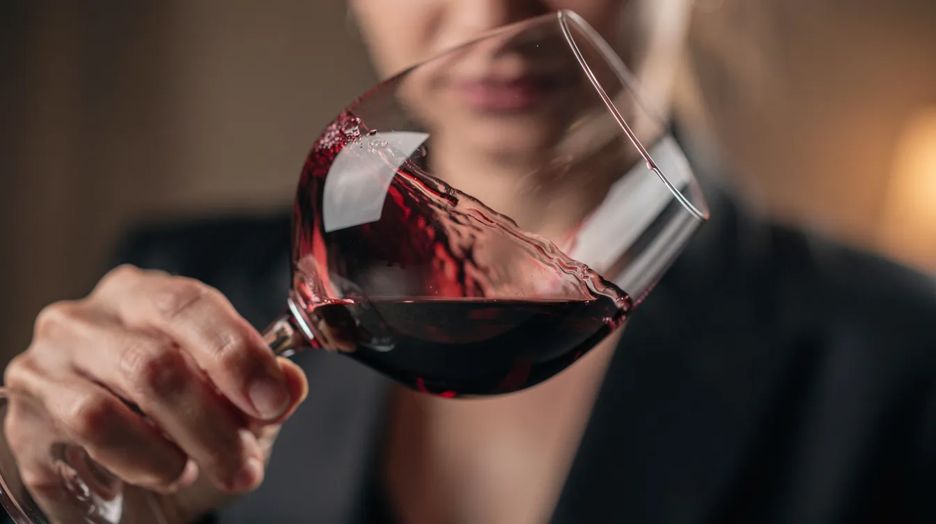 Die Nahaufnahme zeigt eine Person, die ein Weinglas sanft schwenkt, während der Weinfilm an der Glaswand sichtbar ist. Diese Bewegung dient der Belüftung des Weins, um die Aromen und den Geschmack optimal zur Geltung zu bringen.