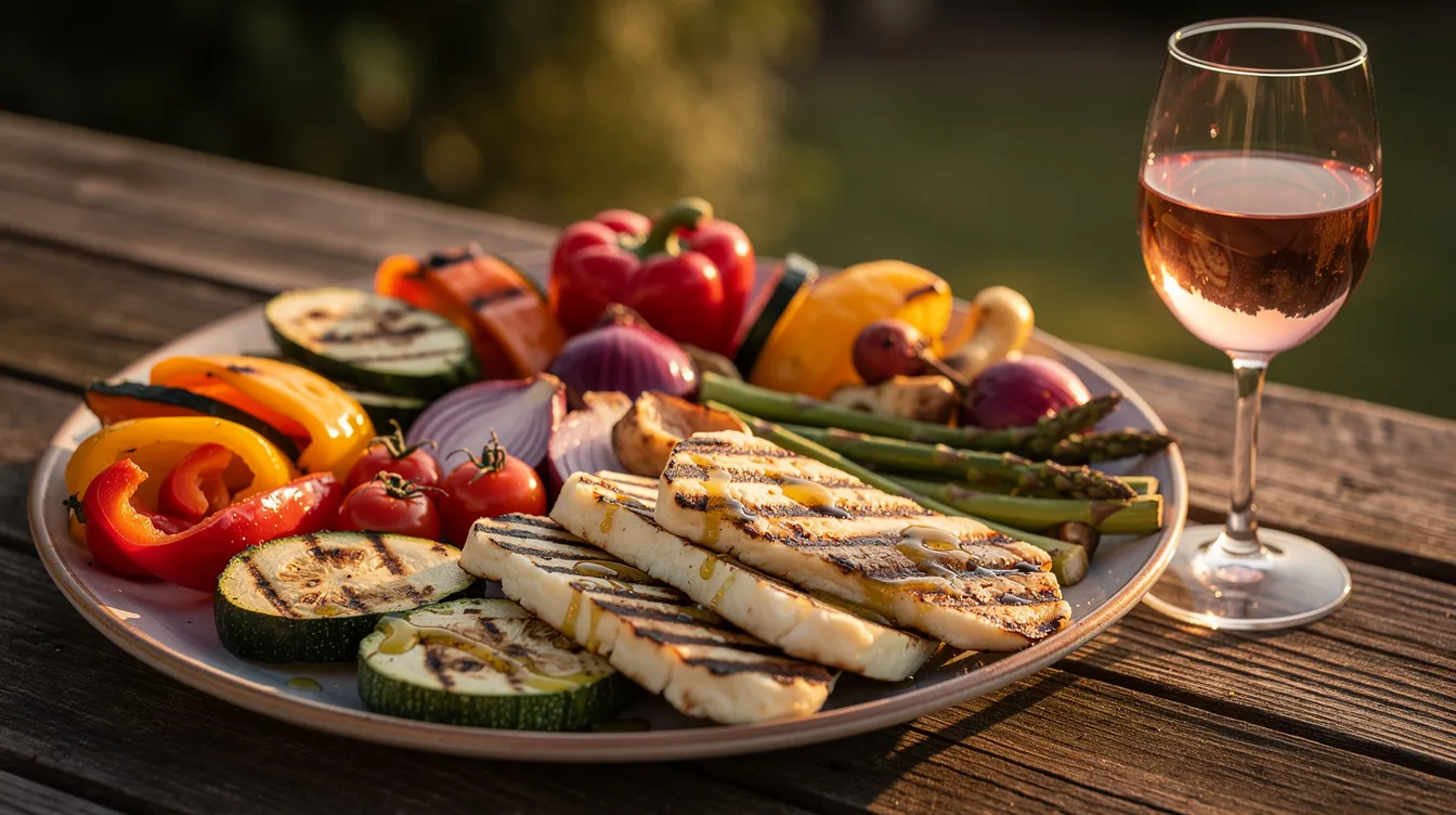 Die bunte Grillplatte zeigt eine Auswahl an gegrilltem Gemüse, Halloumi-Käse und verschiedenen Grillprodukten, während ein Glas Roséwein daneben steht, das als perfekte Weinbegleitung für einen Grillabend dient. Die lebendigen Farben und die appetitliche Anordnung der Speisen laden zu einem geselligen Grillfest im Garten ein.
