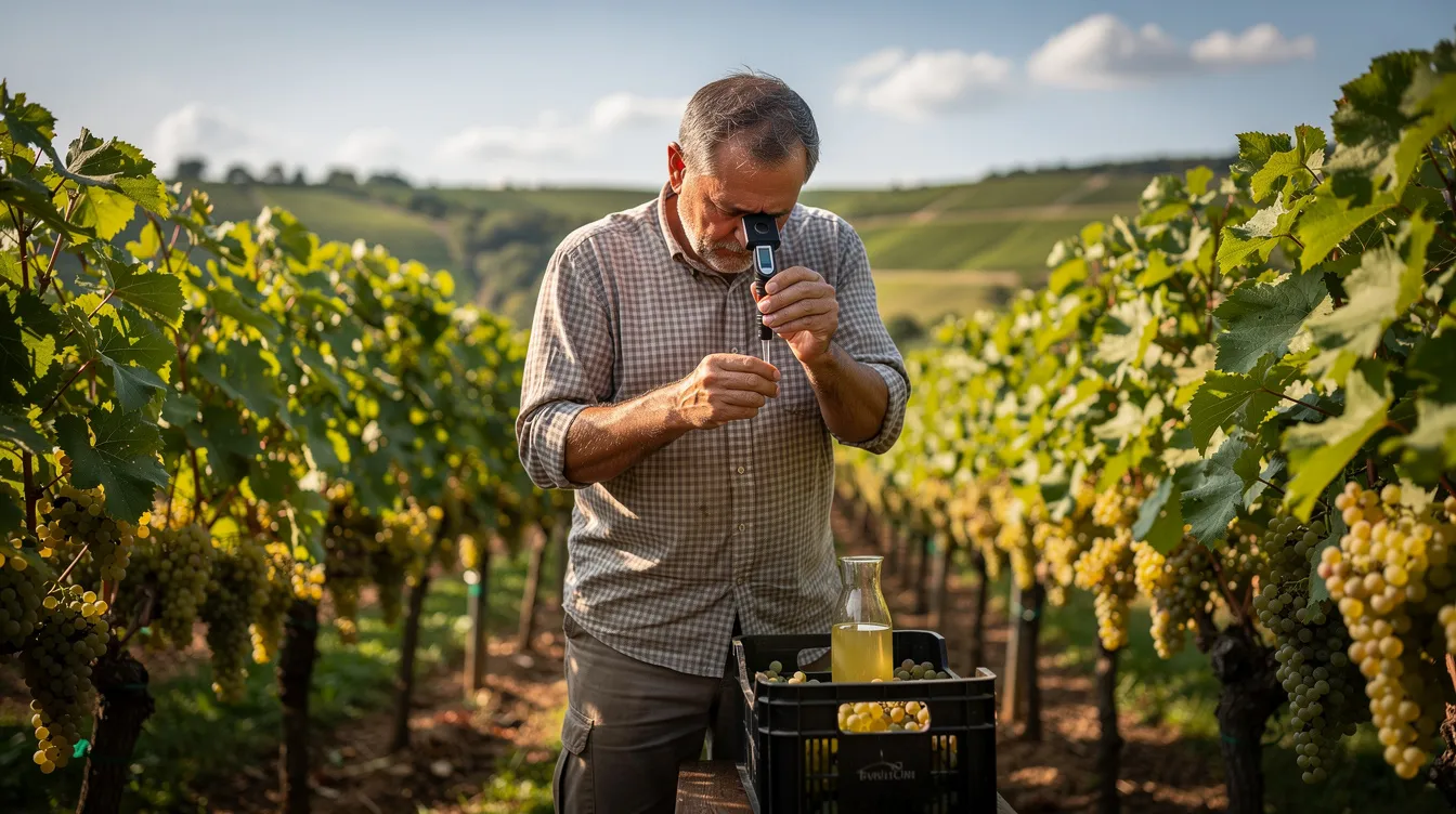 Ein Winzer steht im Weinberg und misst mit einem Refraktometer den Zuckergehalt des Traubensafts, um den Reifegrad der Trauben zu bestimmen. Diese Messung ist entscheidend für die Einstufung in verschiedene Qualitätsstufen wie Kabinett, Spätlese oder Auslese im deutschen Prädikatssystem.
