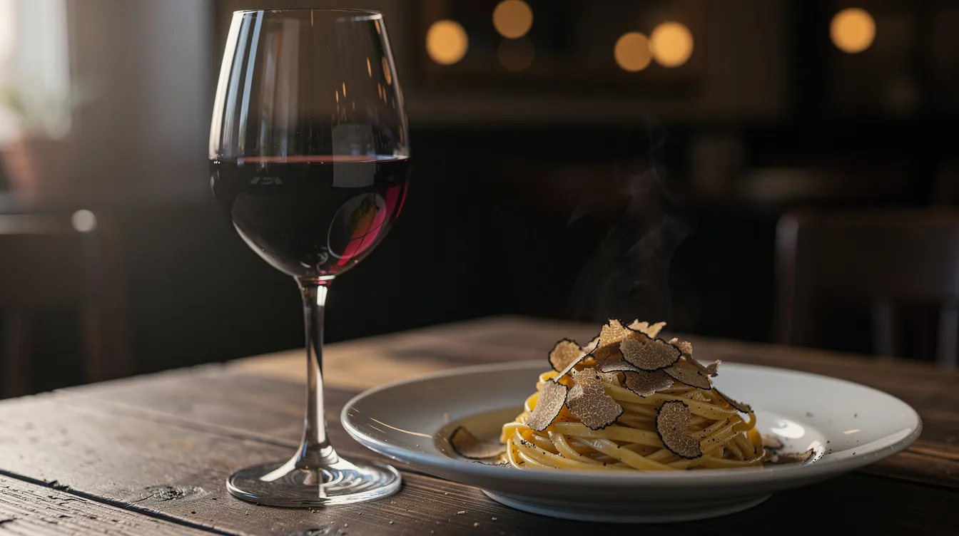 Ein bauchiges Glas mit dunklem Rotwein steht neben einem Teller mit Tagliatelle, verfeinert mit zarten Trüffelspänen. Diese Kombination bietet eine exquisite Weinbegleitung zu Pasta-Gerichten und ist ein perfektes Beispiel für gelungene Pairing Tipps.