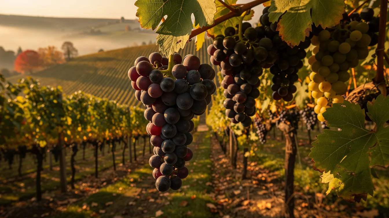 Im herbstlichen Weinberg hängen reife Weintrauben an den Rebstöcken, während goldenes Sonnenlicht durch die Blätter strahlt. Diese Trauben könnten Teil eines hochwertigen deutschen Weins sein, der nach dem Prädikatssystem klassifiziert wird, wie beispielsweise Spätlese oder Auslese.