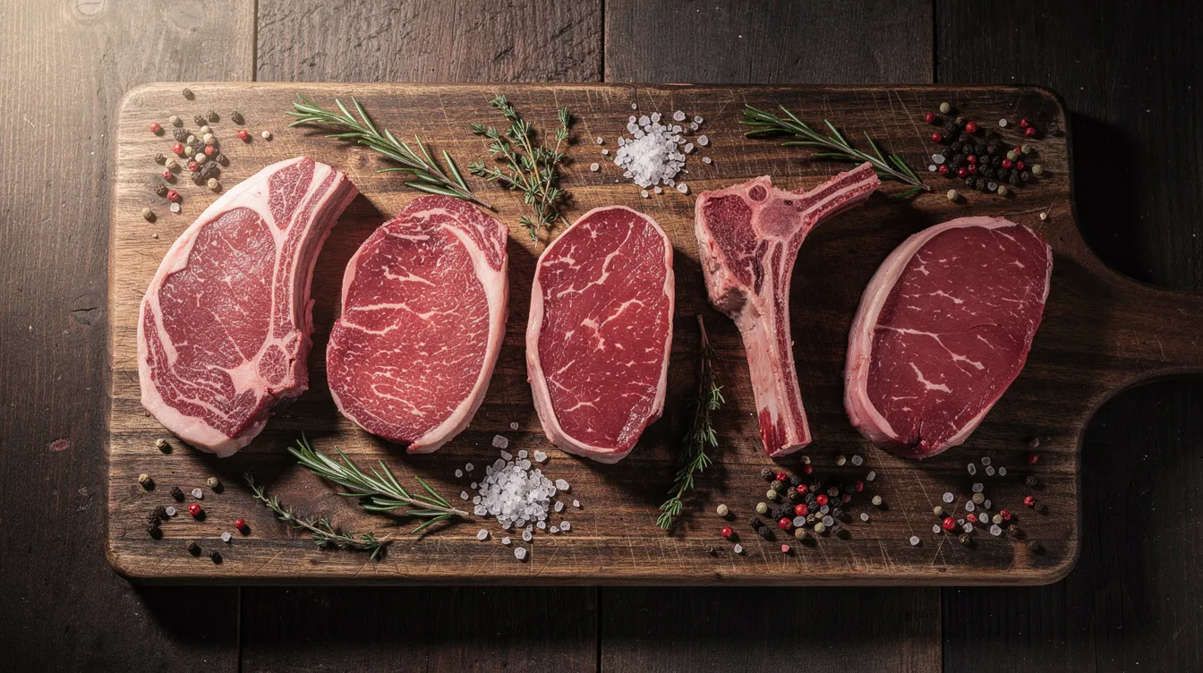 Auf einem Holzbrett liegen verschiedene rohe Steak-Cuts, darunter T-Bone, Rib Eye und Rinderfilet, umgeben von frischen Kräutern und bunten Pfefferkörnern. Diese ansprechende Anordnung bietet eine perfekte Grundlage für die Frage, welcher Wein zu Steak passt, wobei Rotweine wie Cabernet Sauvignon oder Merlot hervorragende Weinempfehlungen darstellen.