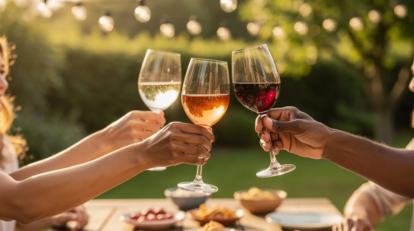 Vier Personen heben ihre Gläser mit verschiedenen Weinen, darunter Rotwein und Weißwein, an und stoßen fröhlich bei einer sommerlichen Gartenparty an. Die Szene strahlt eine entspannte Atmosphäre aus, während die Gäste die besten Tropfen aus dem Lidl-Sortiment genießen.
