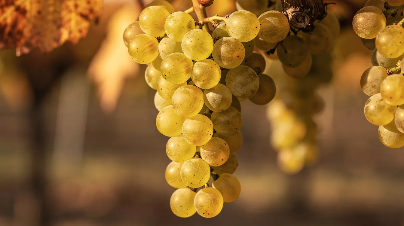 Eine Nahaufnahme reifer, gelblich-grüner Weintrauben mit dünner Schale, die an einem Rebstock im warmen Herbstlicht hängen. Diese Trauben gehören zur Rebsorte Auxerrois, die für ihre fruchtigen Aromen wie Melone und Honig bekannt ist.