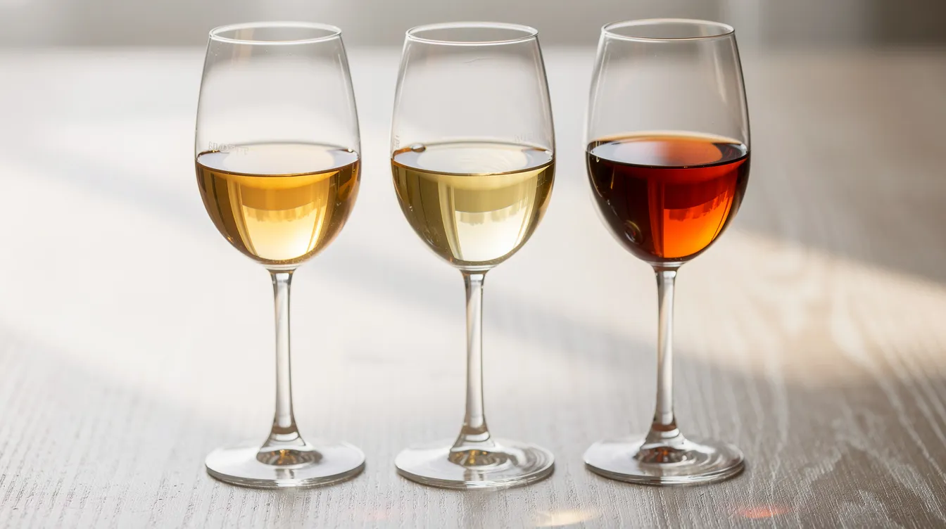 Drei Weingläser stehen nebeneinander auf einem hellen Holztisch, gefüllt mit Weißwein in verschiedenen Goldtönen, von hell bis bernsteinfarben. Diese Weine könnten aus dem Anbaugebiet Deutschland stammen und repräsentieren die elegante Vielfalt von Qualitätsweinen, wie etwa Kabinett oder Riesling.