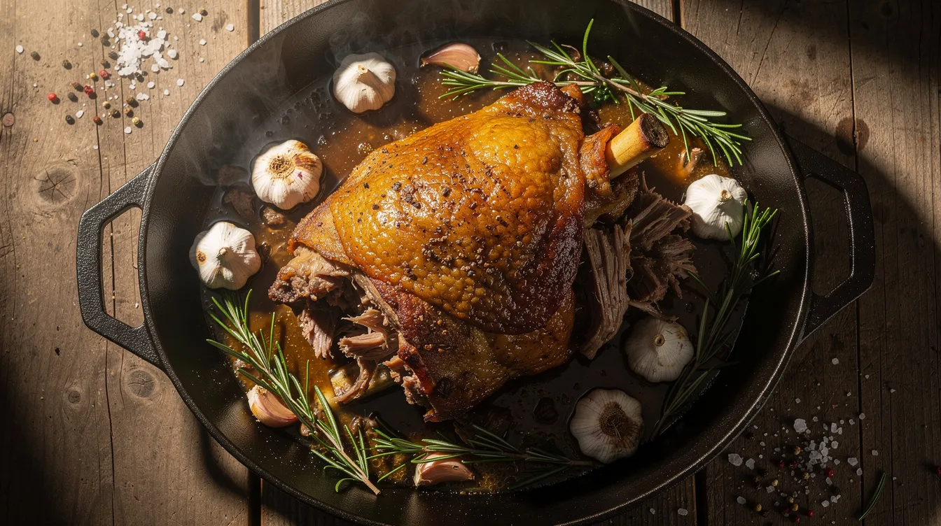 Das Bild zeigt eine geschmorte Lammschulter, die in einem gusseisernen Bräter mit frischem Rosmarin und Knoblauch zubereitet wurde. Die zarte Textur des Lammfleischs und die appetitlichen Röstaromen machen dieses Gericht zu einem perfekten Begleiter für eine Auswahl an Rotwein, wie zum Beispiel Pinot Noir oder Cabernet Sauvignon.