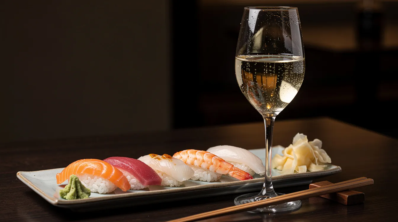 Ein elegantes Weißweinglas steht neben einer Platte, die verschiedene Nigiri-Sushi-Stücke, darunter Lachs und Thunfisch, präsentiert. Diese Kombination aus Sushi und Wein bietet eine harmonische Verbindung der Aromen, ideal für ein gelungenes Abendessen.