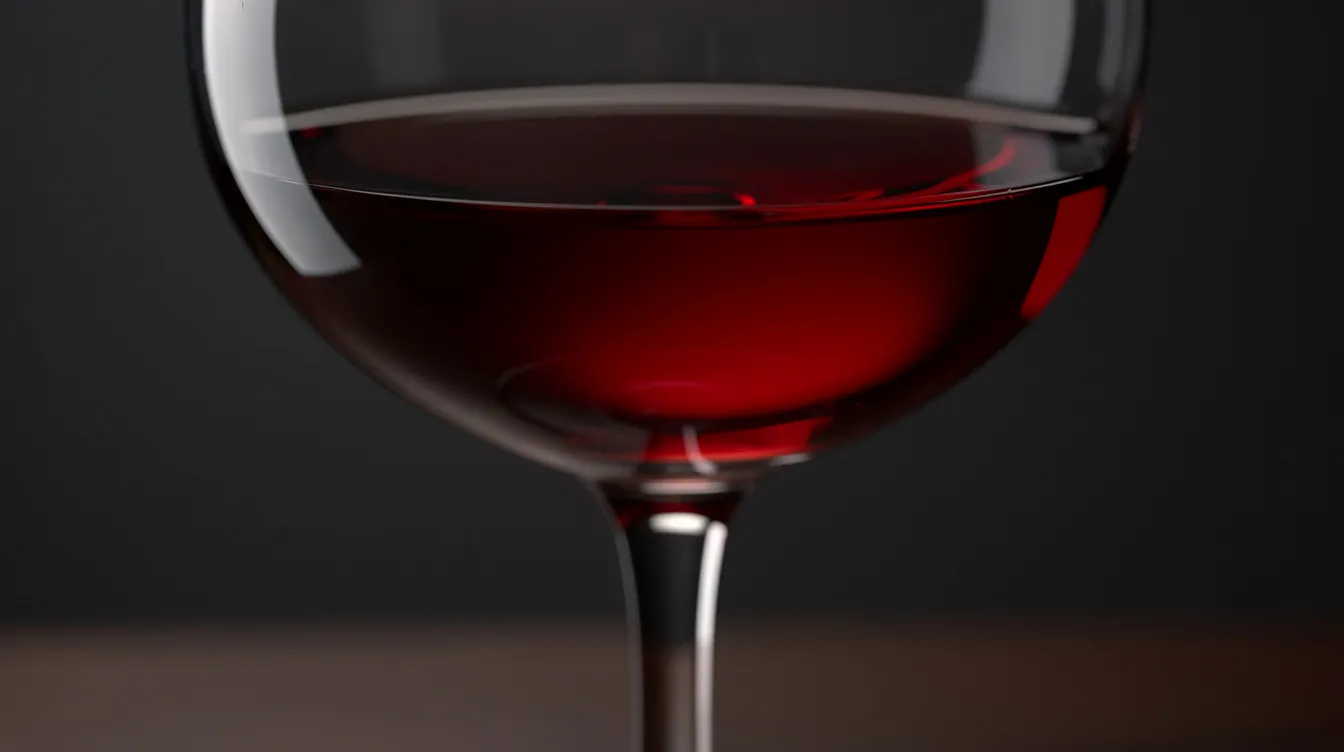 Nahaufnahme eines eleganten Weinglases mit tiefrotem Rotwein, der von der Seite beleuchtet wird und seine intensive Farbe zur Geltung bringt. Der Wein zeigt die typischen Merkmale von Tanninen und Gerbstoffen, die das Geschmackserlebnis im Mund prägen.