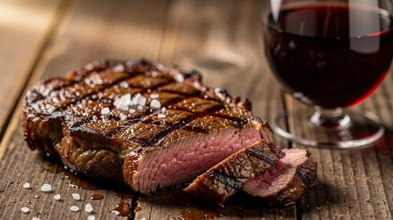 Eine Nahaufnahme zeigt ein saftiges gegrilltes Steak, das neben einem Glas tiefrotem Rotwein auf einem rustikalen Holztisch liegt. Diese Kombination ist ideal für einen Grillabend und bietet ein Highlight für alle Liebhaber von Grillfleisch und Weinbegleitungen.
