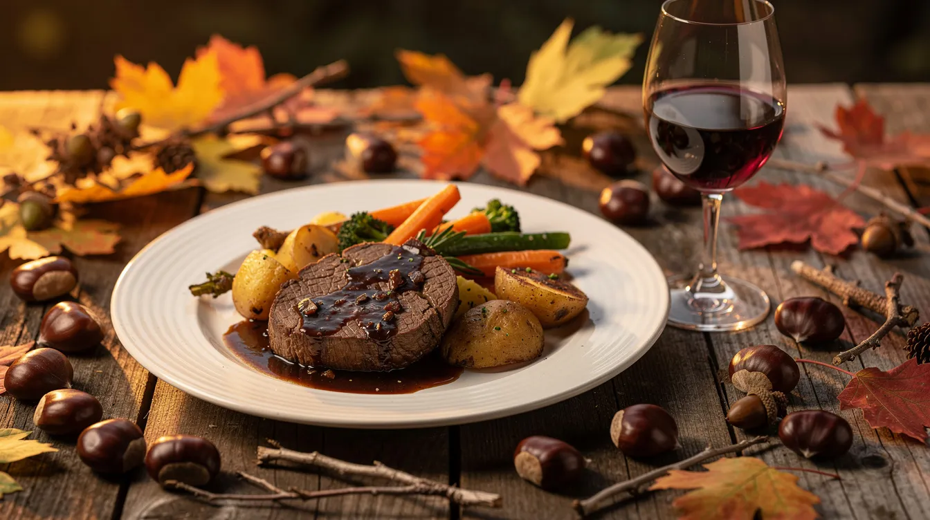 Auf einem rustikalen Holztisch liegt ein Teller mit einem köstlichen Wildgericht, umgeben von herbstlicher Dekoration aus Kastanien und buntem Laub. Neben dem Gericht steht ein Glas Rotwein, das perfekt als Weinbegleitung zu den intensiven Aromen des Wildfleischs dient.