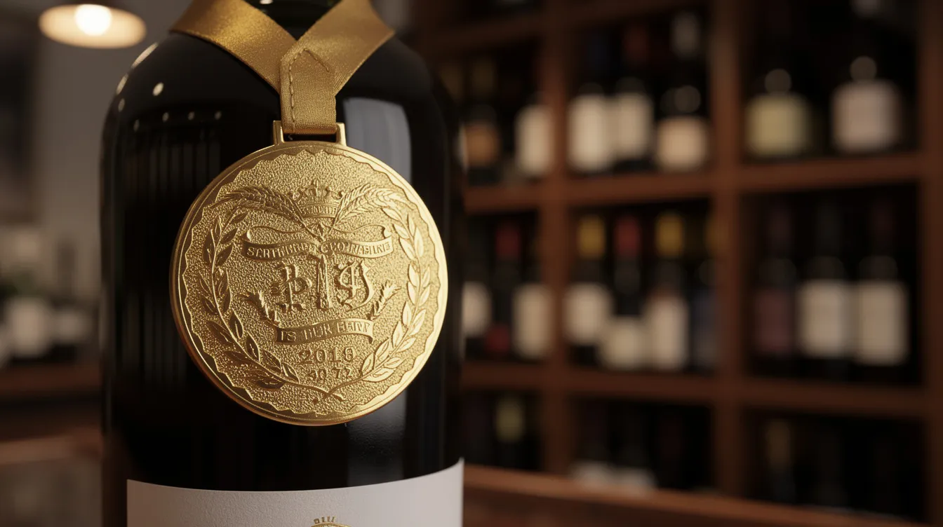 Die Nahaufnahme zeigt eine goldene Medaille, die auf einer Weinflasche prangt, während im unscharfen Hintergrund ein Weinregal mit einer Auswahl an Rot- und Weißweinen zu sehen ist. Diese Medaille könnte auf die Qualität der Weine hinweisen, die Lidl in seinem Sortiment anbietet.