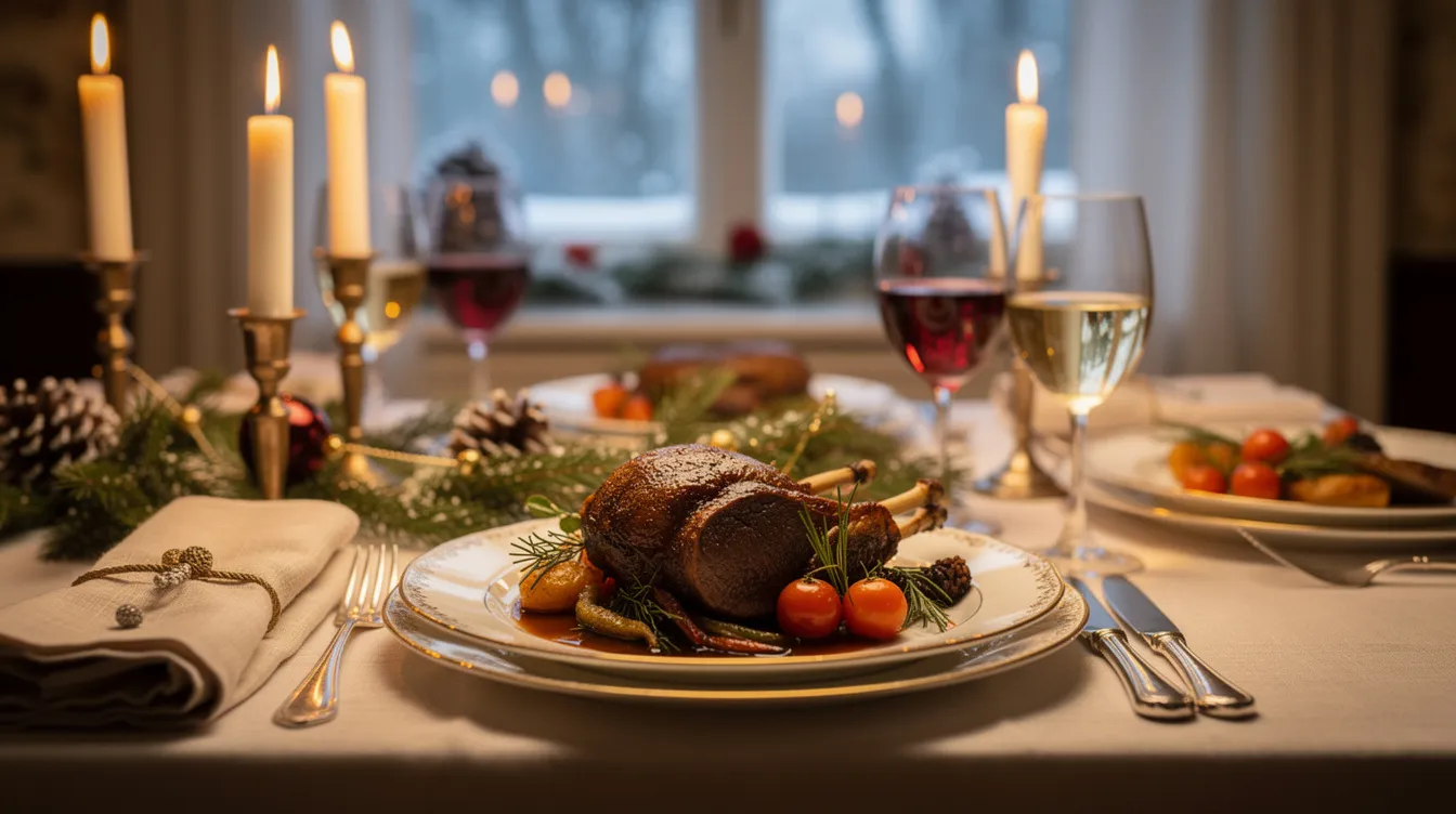 Ein festlich gedeckter Tisch in winterlicher Atmosphäre präsentiert ein köstliches Wildgericht, umgeben von Kerzenlicht und Weingläsern. Die Kombination aus Wildfleisch, wie Rehrücken oder Hirschbraten, harmoniert perfekt mit einer sorgfältigen Weinauswahl, darunter Pinot Noir oder Merlot, die den Wildgeschmack unterstreichen.