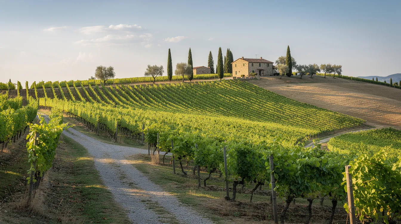 Die Bildbeschreibung zeigt malerische Weinberge in einer hügeligen Landschaft Norditaliens, die von warmem Sonnenschein beleuchtet werden. Diese idyllische Szenerie vermittelt das Gefühl von Entspannung und Genuss, perfekt für einen Aperol Spritz oder ein Glas Weißwein mit Freunden.