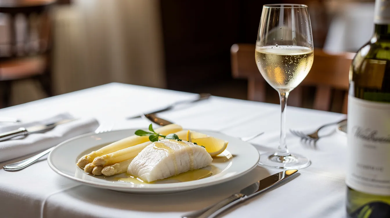 Ein gedeckter Tisch zeigt ein Glas Weißwein, das neben einem Teller mit frischem Spargel und pochiertem Fisch platziert ist. Der Weißwein, möglicherweise aus der Rebsorte Auxerrois, ergänzt die Aromen des Gerichts und lädt zu einem genussvollen Essen ein.