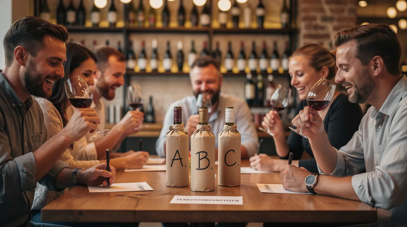 Eine Gruppe von Freunden sitzt um einen Tisch und genießt eine Weinprobe, bei der sie blindverkostet und die Aromen der verschiedenen, verhüllten Flaschen erkunden. Das Erlebnis fördert den Austausch über Geschmack und Herkunft der Weine, während sie gemeinsam die Vielfalt der Rebsorten entdecken.