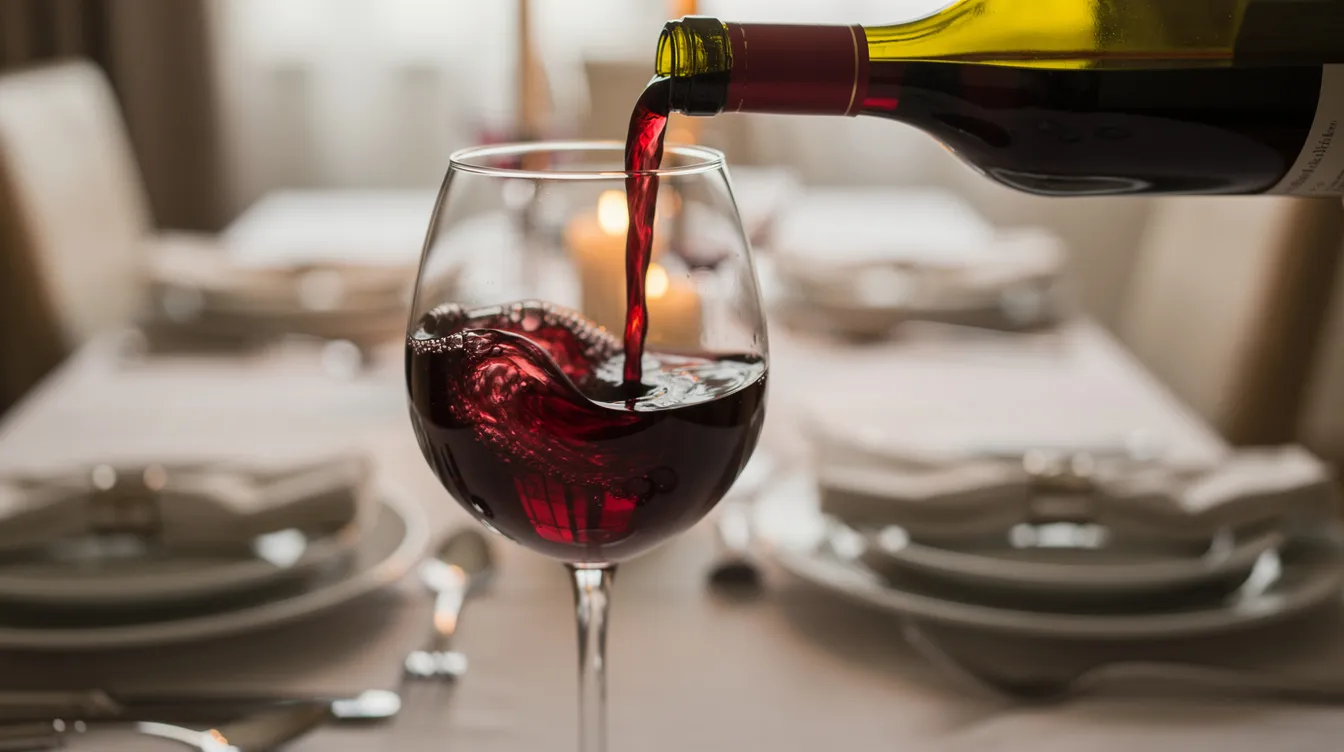Ein bauchiges Weinglas wird mit tiefrotem Rotwein gefüllt, während im Hintergrund eine elegant gedeckte Tafel leicht verschwommen zu sehen ist. Diese Szene vermittelt eine festliche Atmosphäre, die zum Genießen der besten Weine, wie beispielsweise einem Tempranillo oder Rioja, einlädt.