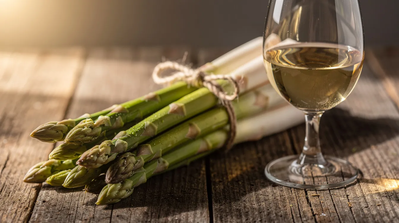 Auf einem rustikalen Holztisch liegen ein Bund weißer und grüner Spargel, begleitet von einem Glas Weißwein, das die Aromen der Spargelgerichte perfekt ergänzt. Diese Präsentation lädt ein, über die besten Weinbegleitungen wie Grünen Veltliner oder Müller-Thurgau nachzudenken, um den Spargelgenuss zu vervollständigen.