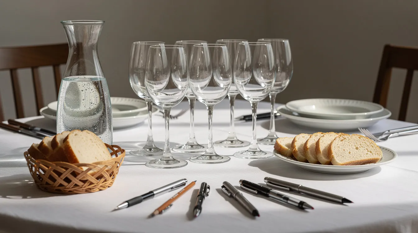 Ein gedeckter Tisch für eine Weinverkostung, auf dem identische Weingläser, eine Karaffe mit Wasser, geschnittenes Weißbrot und Stifte für Notizen bereitstehen. Dieses Arrangement lädt dazu ein, die Aromen und Geschmäcker verschiedener Weine gemeinsam mit Freunden zu entdecken und zu bewerten.