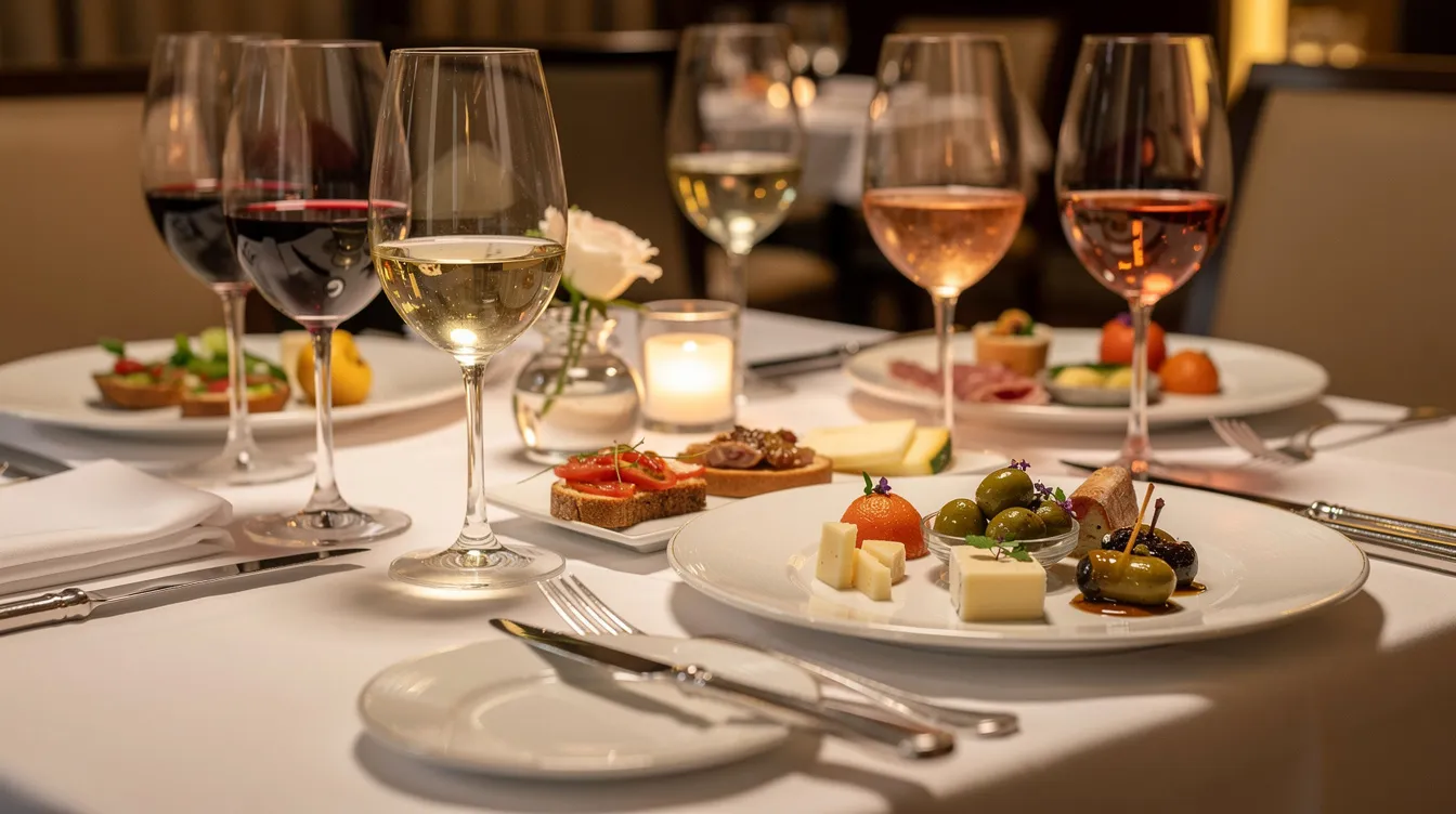Ein elegant gedeckter Tisch mit verschiedenen Weingläsern, die mit Rot-, Weiß- und Roséwein gefüllt sind, steht im Mittelpunkt. Neben den Gläsern befinden sich Teller mit köstlichen Vorspeisen, ideal für Weinliebhaber und Feiern wie Geburtstage oder Hochzeiten.