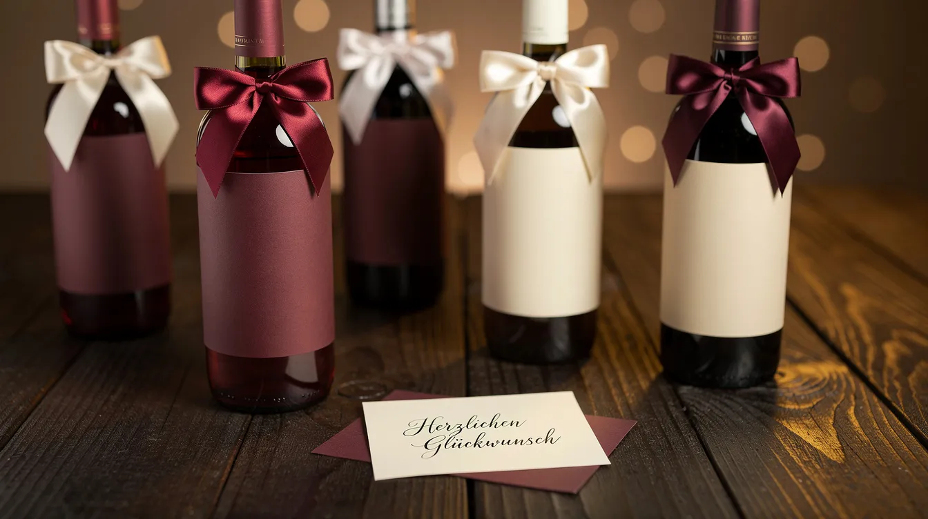 Auf einem dunklen Holztisch stehen elegant verpackte Weinflaschen, geschmückt mit stilvollen Schleifen und einer handgeschriebenen Grußkarte, die sich ideal als Geschenk für Firmenkunden oder Geschäftspartner eignet. Diese ansprechende Präsentation vermittelt Freude und Wertschätzung und ist perfekt für Anlässe wie Firmenjubiläen oder besondere Veranstaltungen.