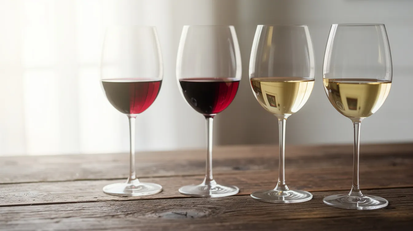Auf einem Holztisch stehen verschiedene Weingläser mit Rot- und Weißwein, beleuchtet von natürlichem Tageslicht. Die Gläser zeigen die unterschiedlichen Farben der Weine und laden dazu ein, über die Vorteile des Dekantierens und die Entfaltung von Aromen nachzudenken.