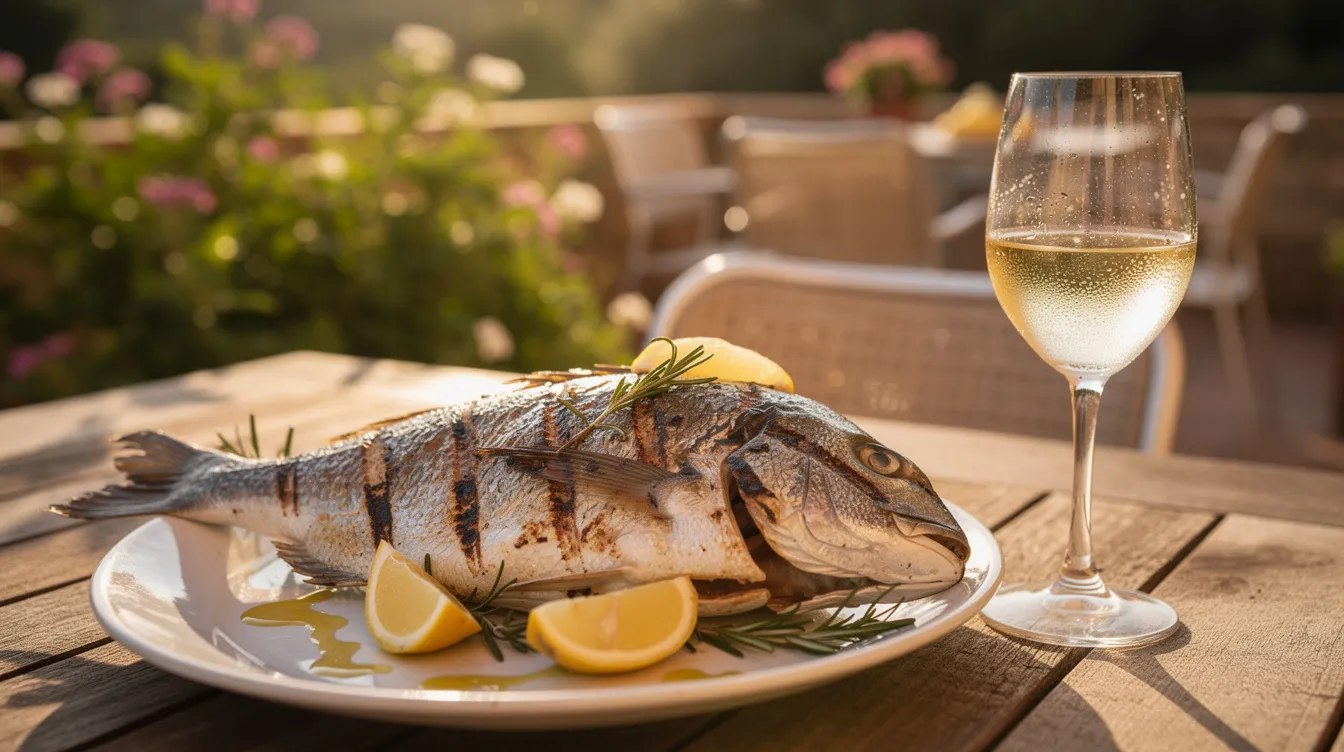 Auf einem Teller liegt eine frisch gegrillte Dorade, die goldbraun und appetitlich aussieht, während daneben ein Glas Weißwein steht. Die sommerliche Terrasse im Hintergrund strahlt eine einladende Atmosphäre für Grillabende aus.