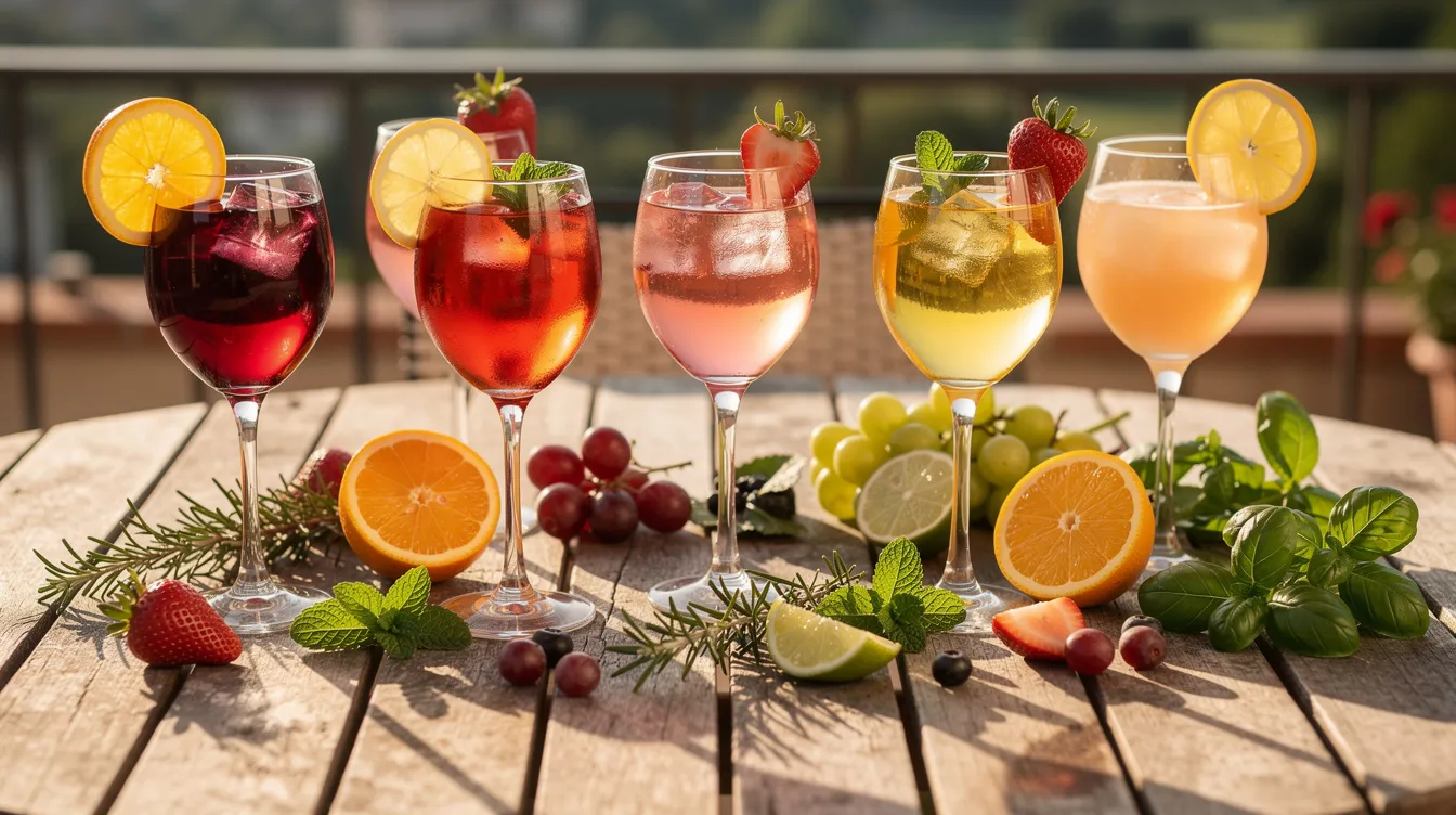 Auf einem sonnigen Terrassentisch stehen verschiedene bunte Weincocktails in Gläsern, dekoriert mit frischen Früchten wie Erdbeeren und Limetten sowie Kräutern wie Minze. Diese erfrischenden Sommerdrinks, darunter ein klassischer Aperol Spritz und fruchtige Weinschorlen, laden zu geselligen Abenden mit Freunden ein.