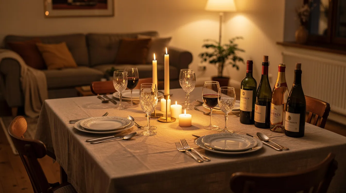 Der gemütlich gedeckte Tisch im warmen Wohnzimmer ist mit eleganten Weingläsern, sanften Kerzen und einer Auswahl an Weinflaschen dekoriert, ideal für ein Weintasting zu Hause. Diese Atmosphäre lädt Weinliebhaber und Freunde zu einem genussvollen Abend der Weinverkostung ein.