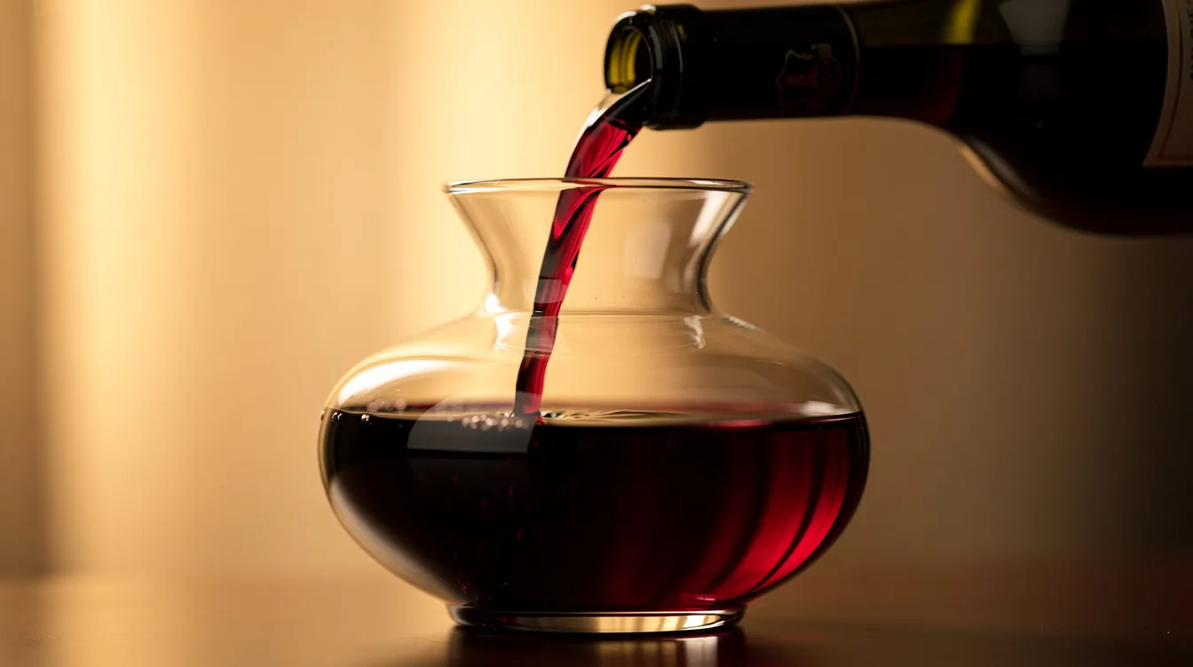 Ein bauchiger Dekanter wird mit tiefrotem Wein gefüllt, während warmes Licht im Hintergrund eine gemütliche Atmosphäre schafft. Der Vorgang des Wein dekantierens ermöglicht eine bessere Entfaltung der Aromen und trennt Bodensatz von der Flüssigkeit.