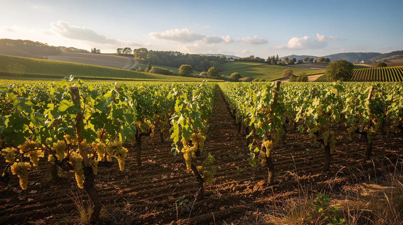 Ein sonnendurchfluteter Weinberg im Spätsommer zeigt goldgelbe Trauben, die reif an den Reben hängen. Dieser Moment markiert den Höhepunkt der Weinlesezeit, wenn die Trauben für die Weinernte bereit sind und die Winzerinnen und Winzer die Qualität des Jahrgangs beurteilen.