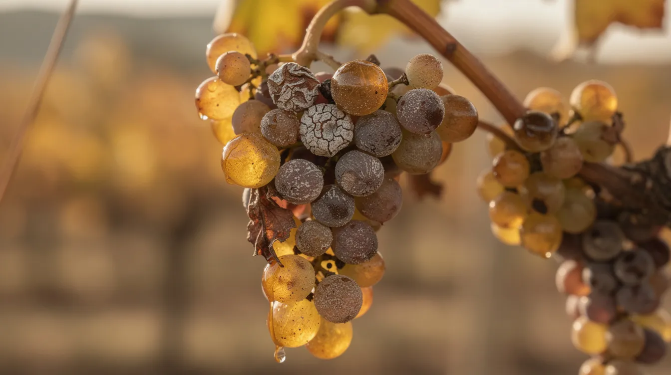 Nahaufnahme von überreifen, teilweise edelfaulen Weintrauben an einer Rebe, die im warmen Herbstlicht leuchten. Diese Trauben, die für die Herstellung von Spätlese und Auslese geeignet sind, zeigen einen hohen Reifegrad und eine komplexe Aromatik, die auf die bevorstehende Weinlese hinweist.