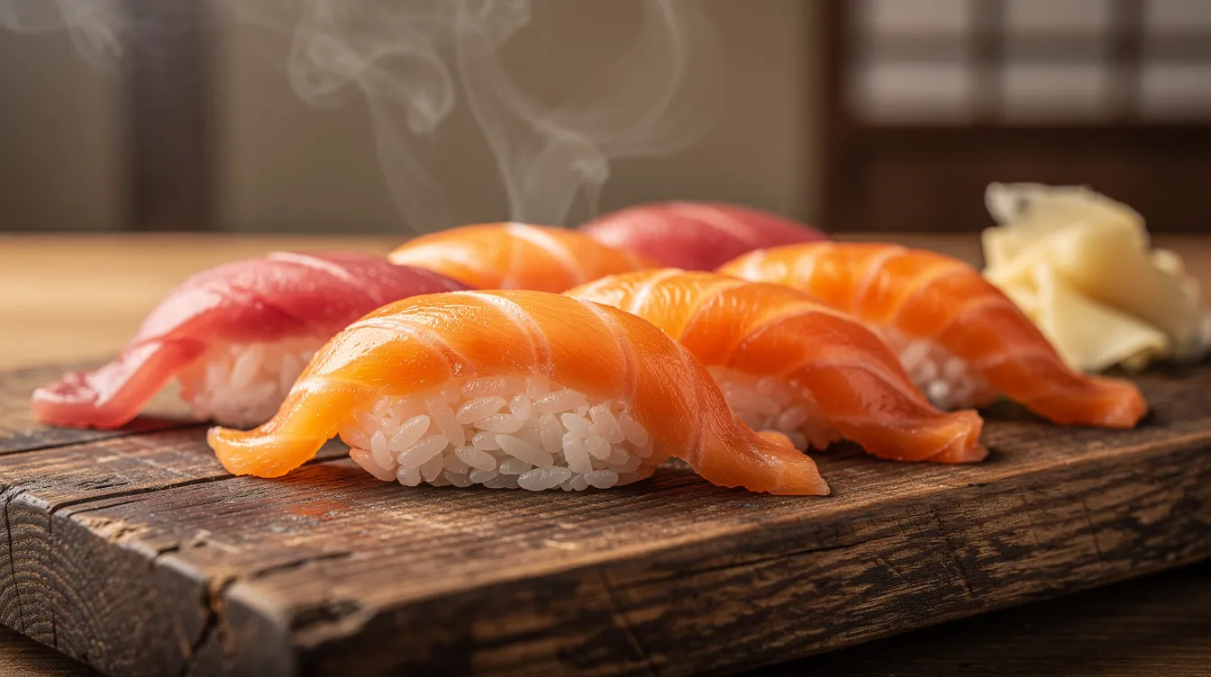 Die Nahaufnahme zeigt kunstvoll arrangierte Nigiri-Stücke mit frischem Lachs und Thunfisch auf einem Holzbrett, die die Aromen der japanischen Küche widerspiegeln. Diese Sushi-Varianten sind ideal für ein Abendessen und könnten hervorragend mit einem Sauvignon Blanc oder einem leichten Weißwein kombiniert werden.