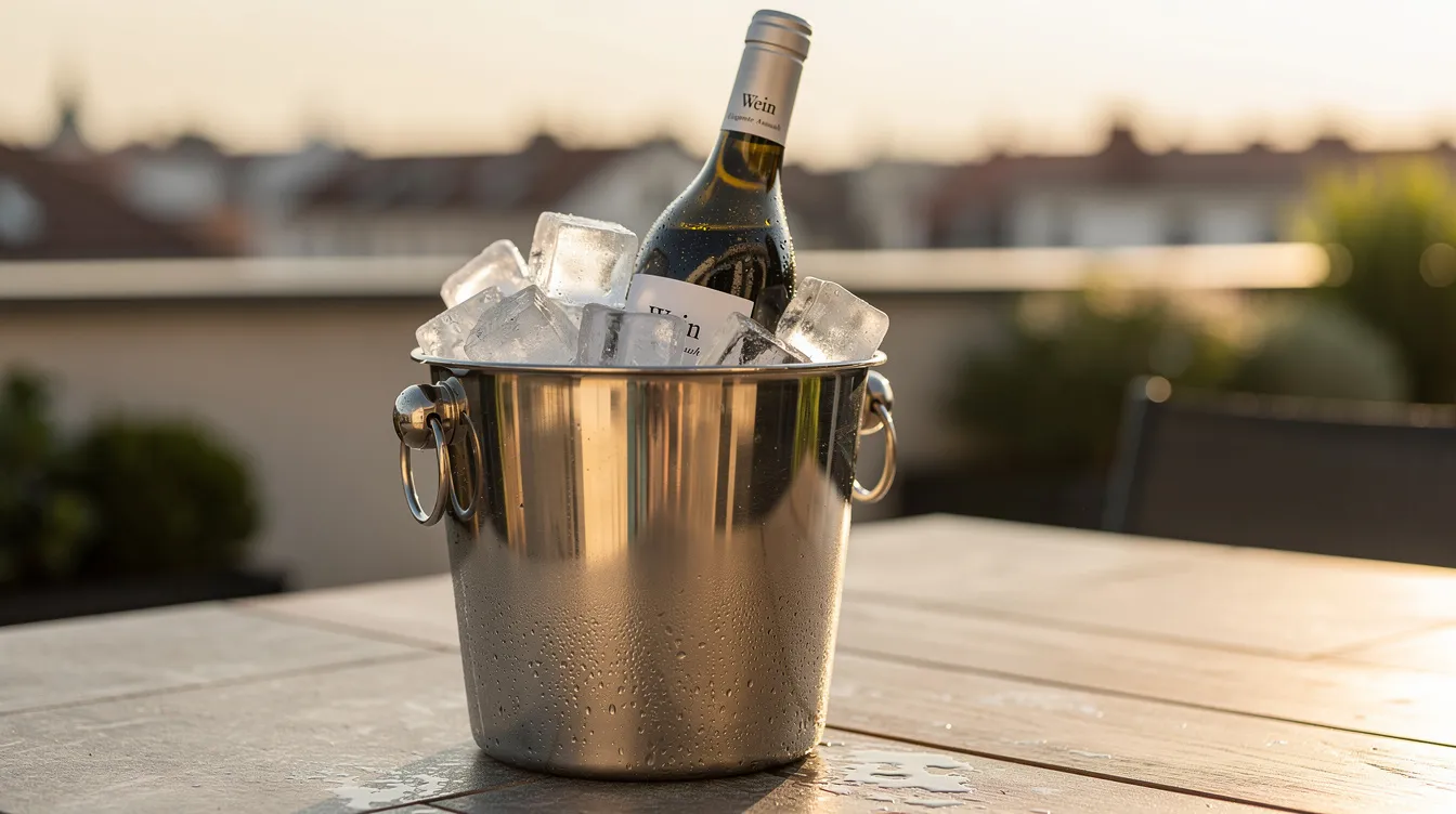 Eine elegante Weinflasche steht in einem Eiskübel, gefüllt mit Eiswürfeln, auf einer Terrasse. Die Szene vermittelt ein Gefühl von Weingenuss und lädt dazu ein, die richtige Trinktemperatur für verschiedene Weintypen wie Sauvignon Blanc oder Pinot Noir zu entdecken.