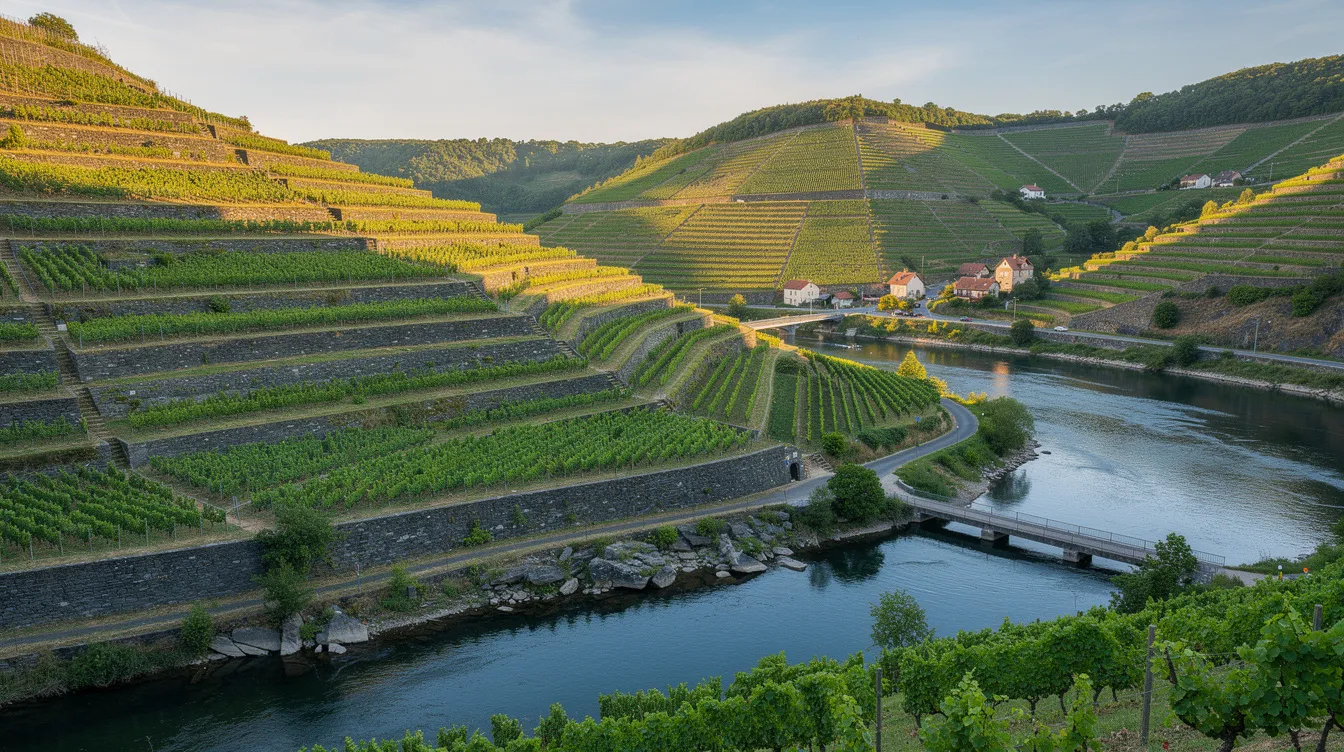Die steilen Weinbergterrassen entlang des Flusses sind mit grünen Rebstöcken bepflanzt, die auf dem Schieferboden gedeihen. Im Sonnenlicht leuchten die Trauben, die für hochwertige Weine wie Kabinett und Riesling verwendet werden, und versprechen eine elegante Frische und Leichtigkeit.