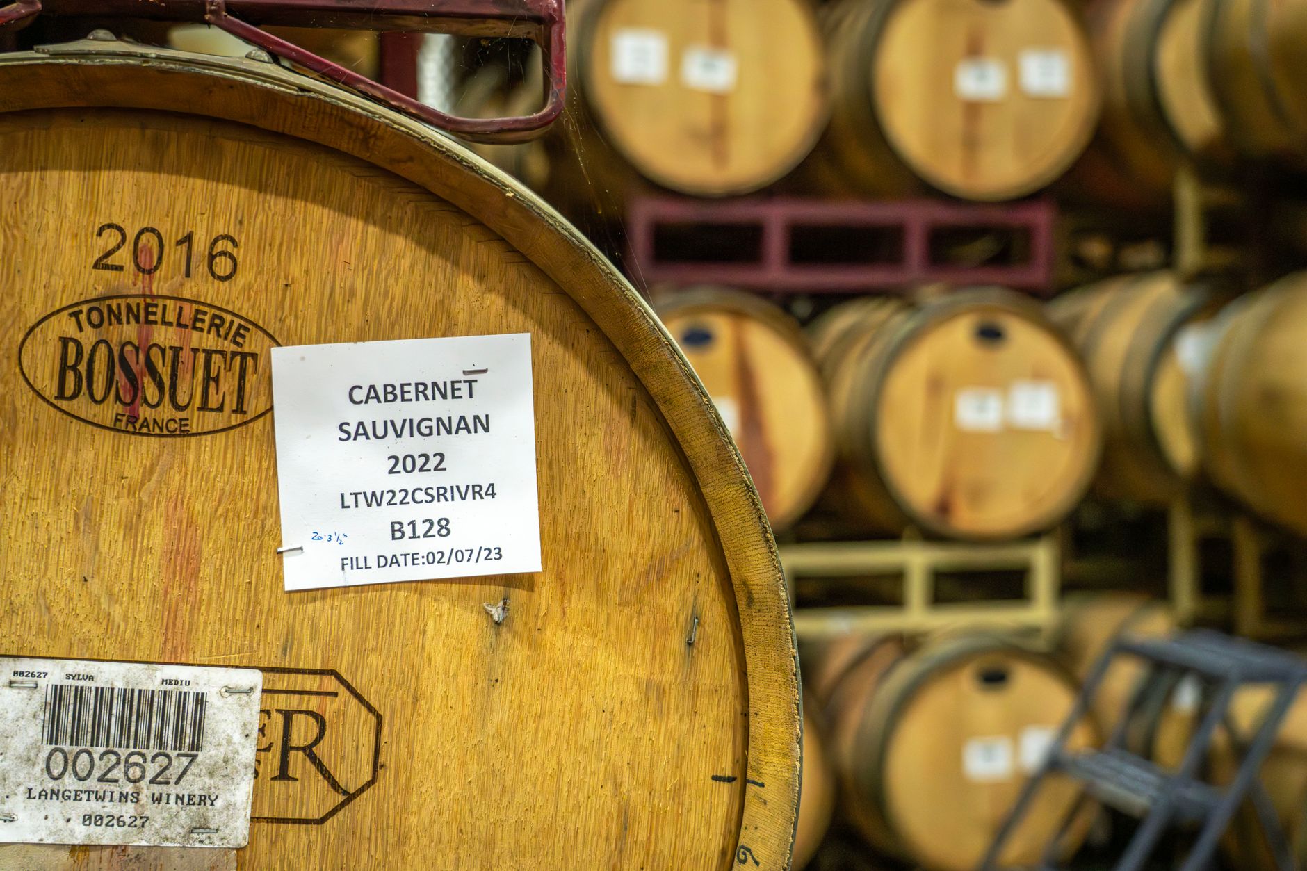 A rustic wine cellar filled with Cabernet Sauvignon barrels, showcasing vintage charm.
