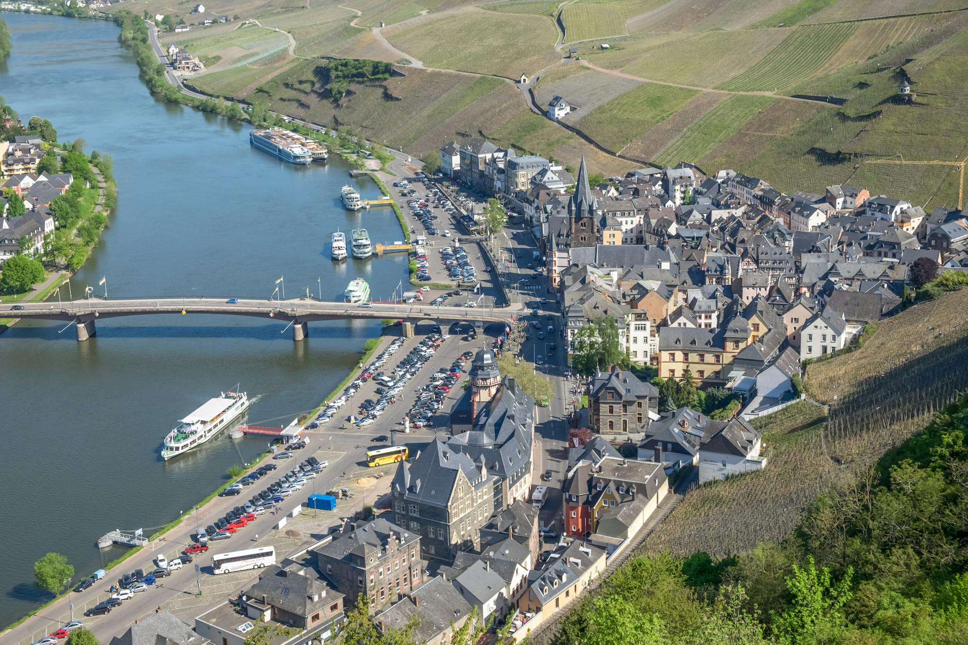Beautiful aerial view of Bernkastel-Kues along the Moselle River, Germany.